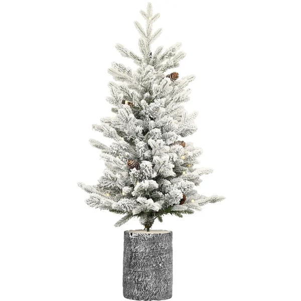 Artificial 4.5ft Decorated Flocking Basin Tree with 720 Pe Pvc Mixed Branch Tips, Pine Conex19, 150l Wram White Light, Holiday Decorating