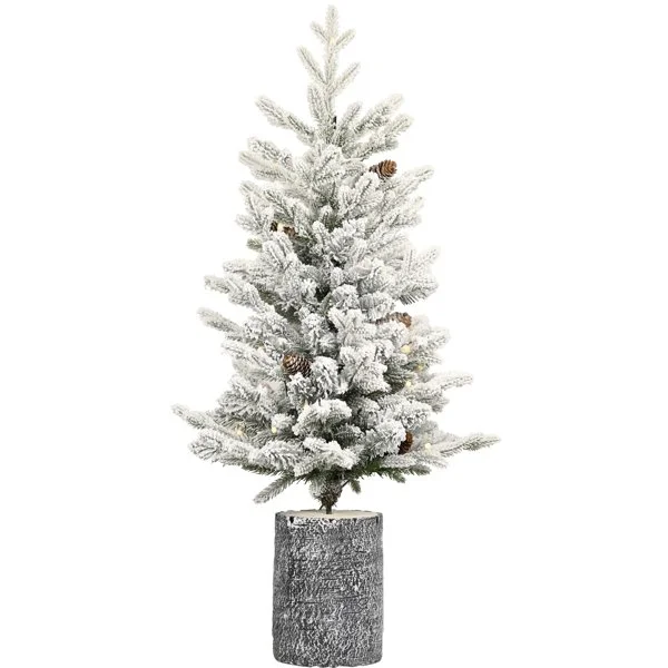 Artificial 4.5ft Decorated Flocking Basin Tree with 720 Pe Pvc Mixed Branch Tips, Pine Conex19, 150l Wram White Light, Holiday Decorating