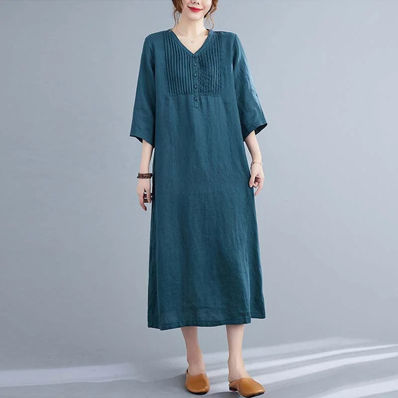 Artistic Loose Solid Color Cotton and Linen V-neck Half-length Sleeve Dress Women's Mid-length