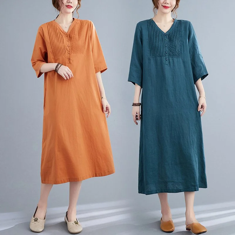 Artistic Loose Solid Color Cotton and Linen V-neck Half-length Sleeve Dress Women's Mid-length