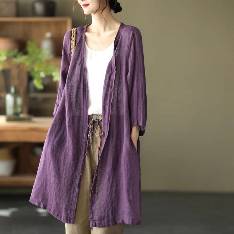 Artistic Plus Size Loose Mid-length Cotton and Linen Shirt Solid Color