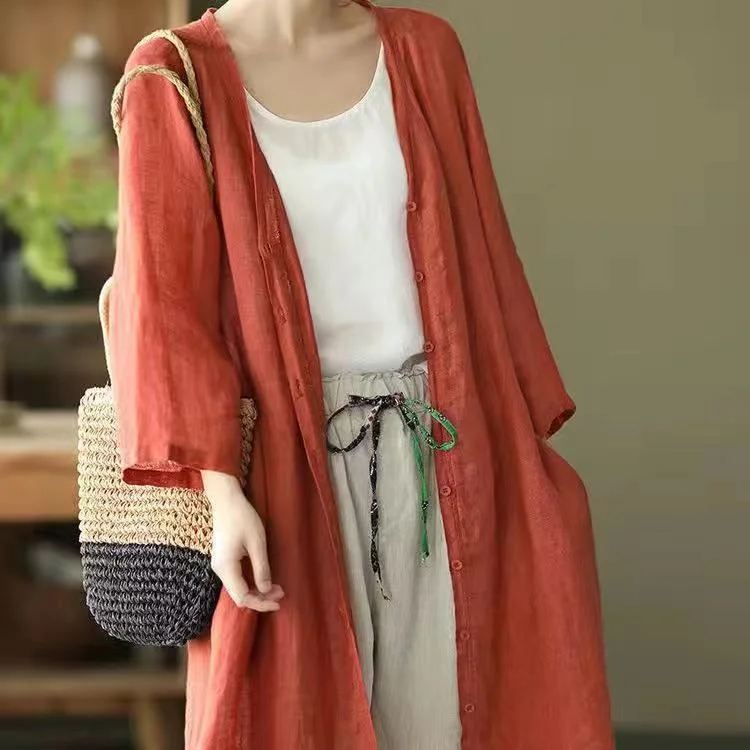 Artistic Plus Size Loose Mid-length Cotton and Linen Shirt Solid Color