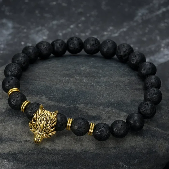 Grey wolf head lava stone bracelet – simple volcanic alloy design