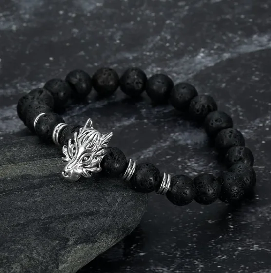 Grey wolf head lava stone bracelet – simple volcanic alloy design