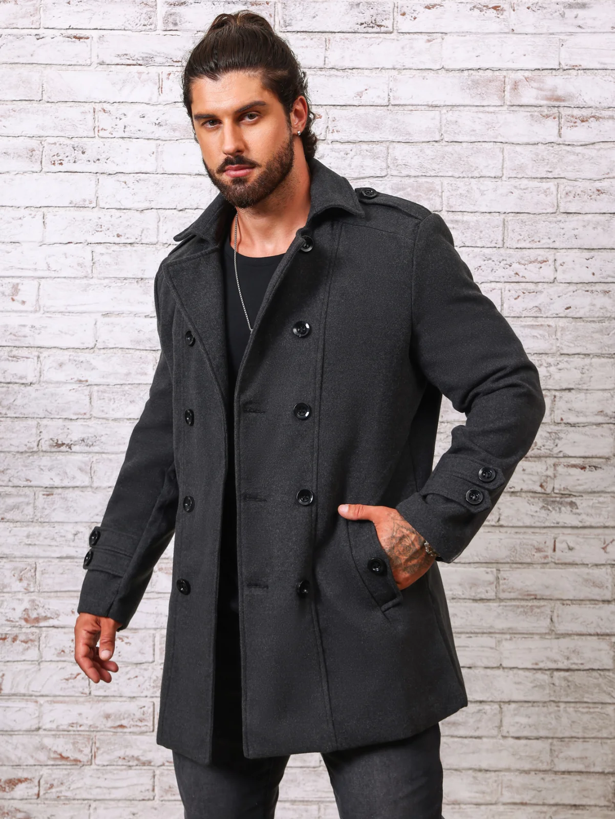 Dark Gray Woolen Blended Jacket, Solid Color British Style Coat for Men and Women