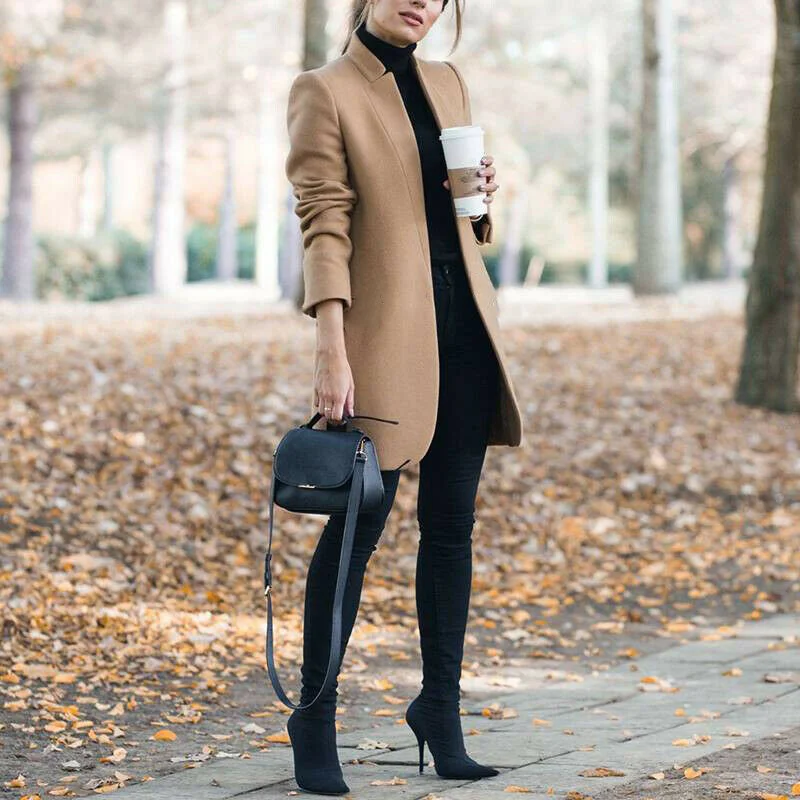 Autumn and Winter New Style European and American Fashion Solid Color Stand-up Collar Woolen Blazer