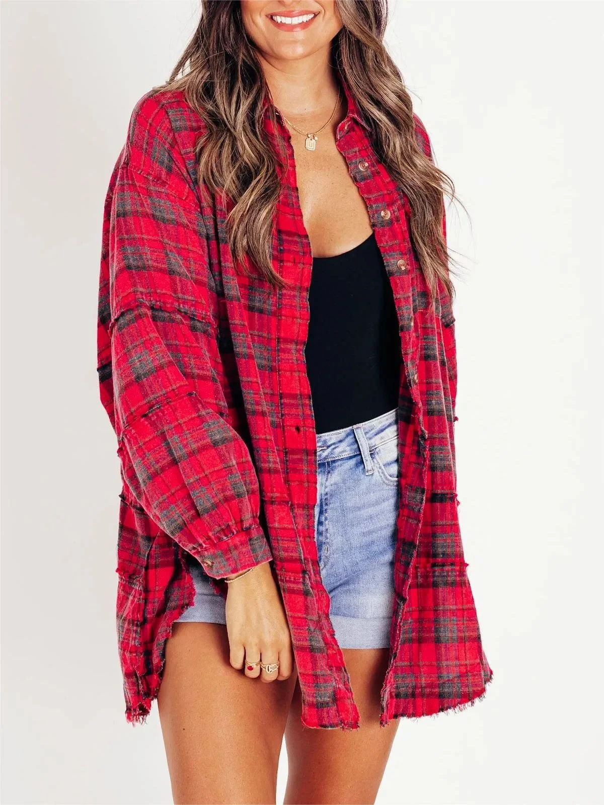 Autumn and Winter New Women's Tassel Long-sleeved Top Loose Casual Plaid Shirt Coat Women