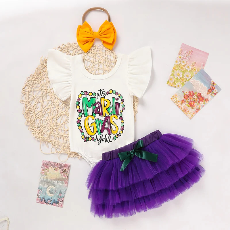 Baby Girl Carnival 2‑Piece Set – Letter Print Onesie with Tulle Skirt & Bow
