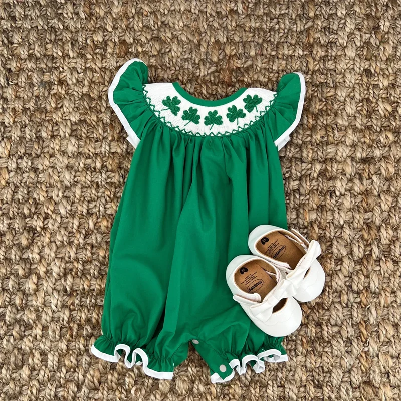 Baby Short Sleeve Romper with Clover Embroidery and Ruffle Trim for Summer