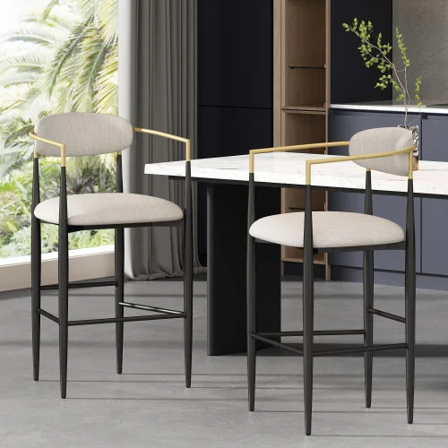 Barstools Set of 2, Counter Height Upholstered Bar Stools with Back for Kitchen Island, Beige Faux Pu Leather Seating Black Iron Legs 260lbs Weight Capacity