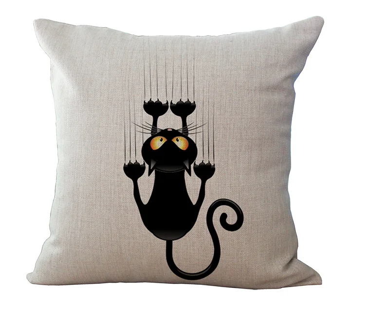 Black and White Cat Print Cotton Linen Sofa Pillowcase