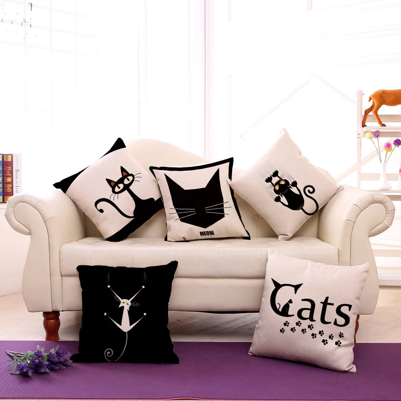 Black and White Cat Print Cotton Linen Sofa Pillowcase
