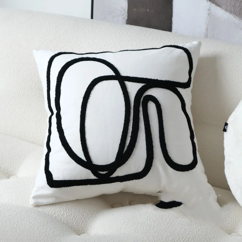 Black and White Line Embroidered Pillow Modern and Simple