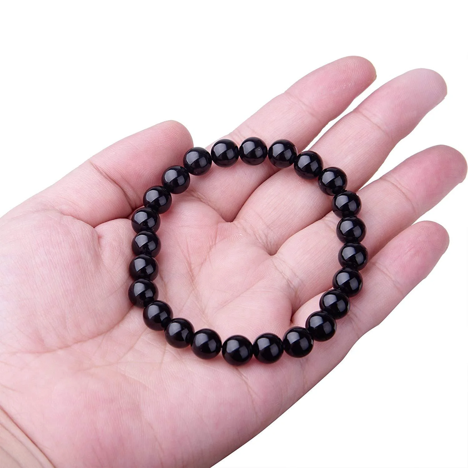 Black Onyx Bracelet with Geometric Design and Elastic Cord