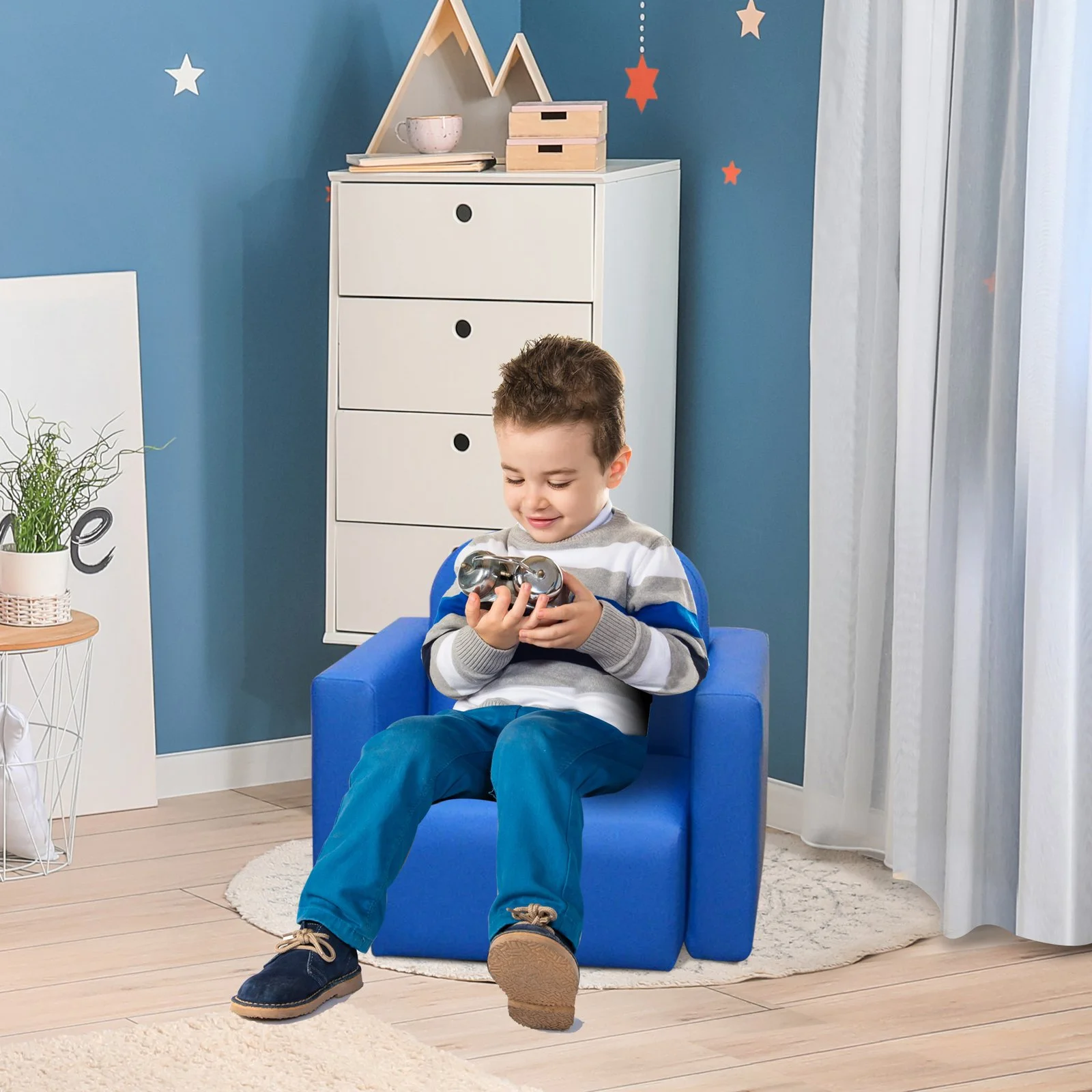 Blue 2-in-1 Kids Sofa and Table Chair Set Convertible Toddler Lounge Multifunctional Armrest Chair for Play