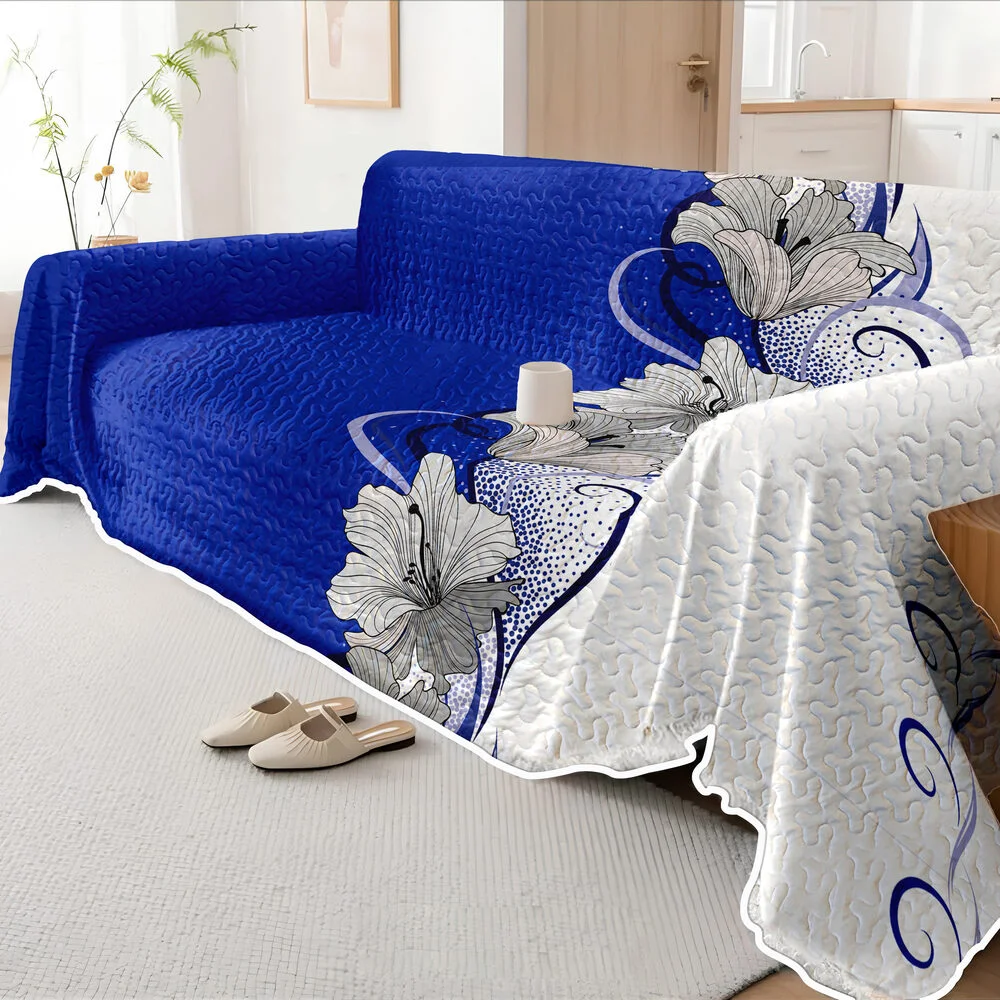 Blue Floral Quilted Sofa Cover, 1-piece Couch Cover for Sofa, Loveseat and Daybed, Soft Microfiber