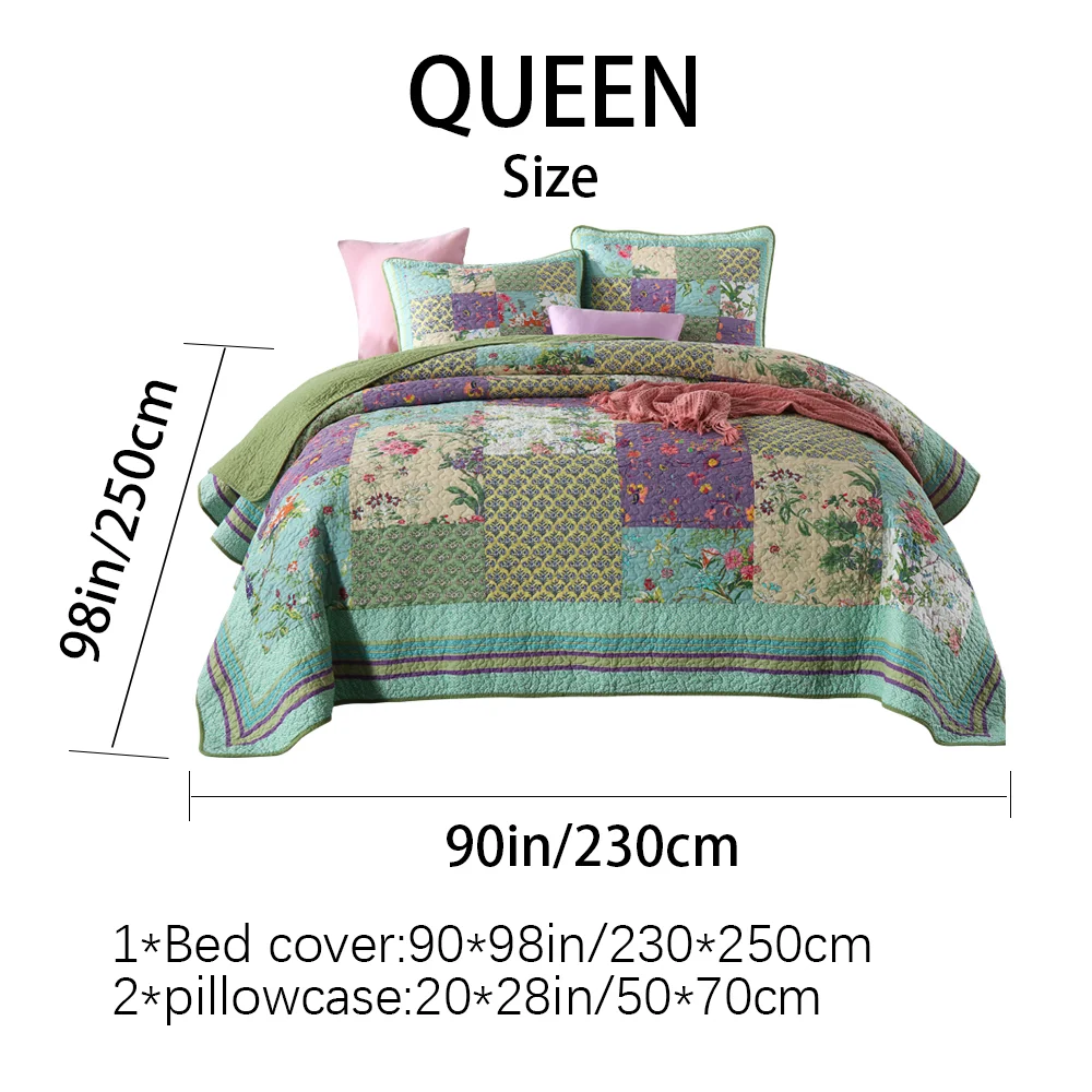 Breathable No Clumping Snap-resistant Pre-shrunk Envelope Closure Shams All Season Lightweight Bedding for Full Queen King Cotton Filled Reversible Coverlet 3-piece Bohemian Patchwork Quilt