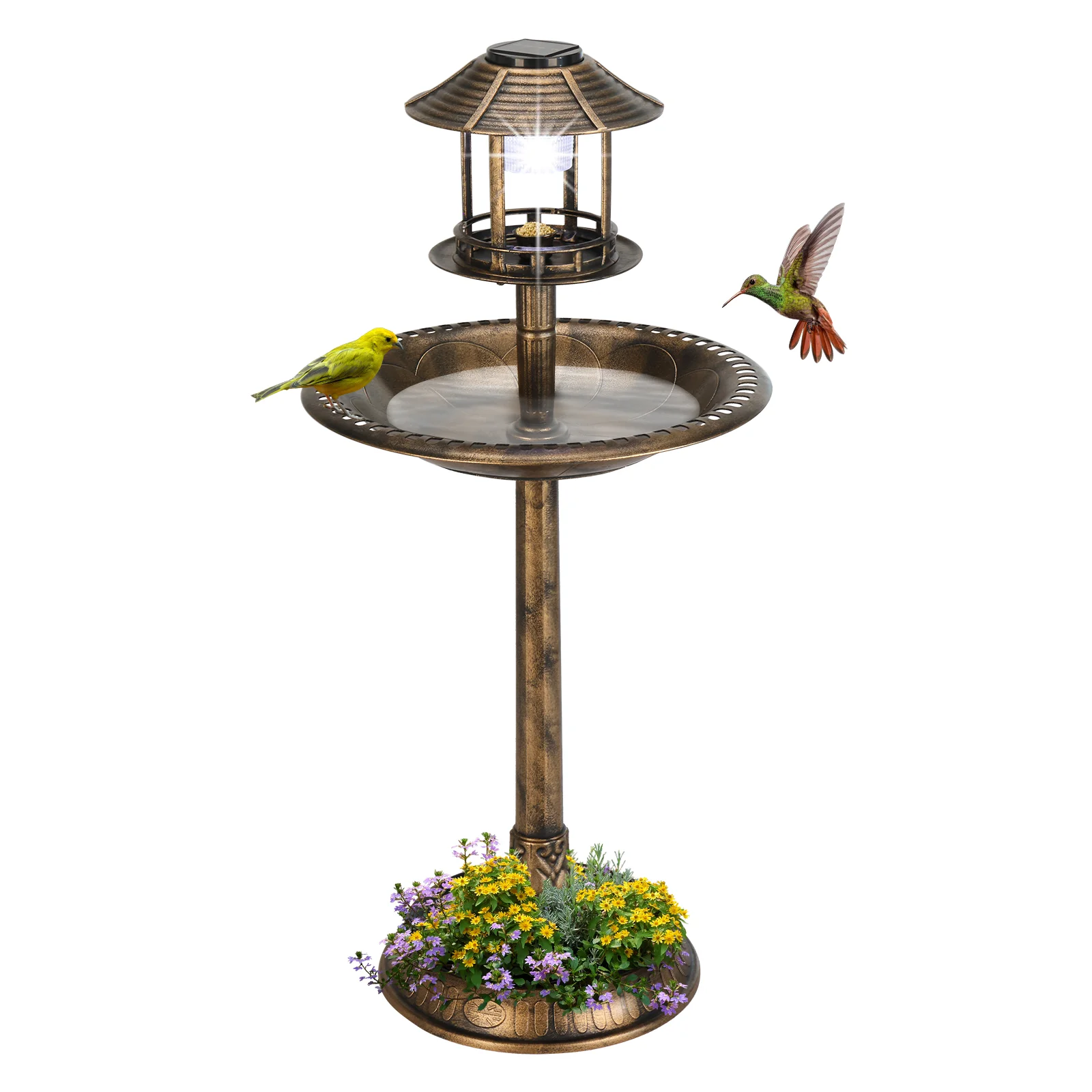 Bronze solar bird bath with Fleur‑de‑Lis accents, 51x51x106 cm plastic round outdoor decor