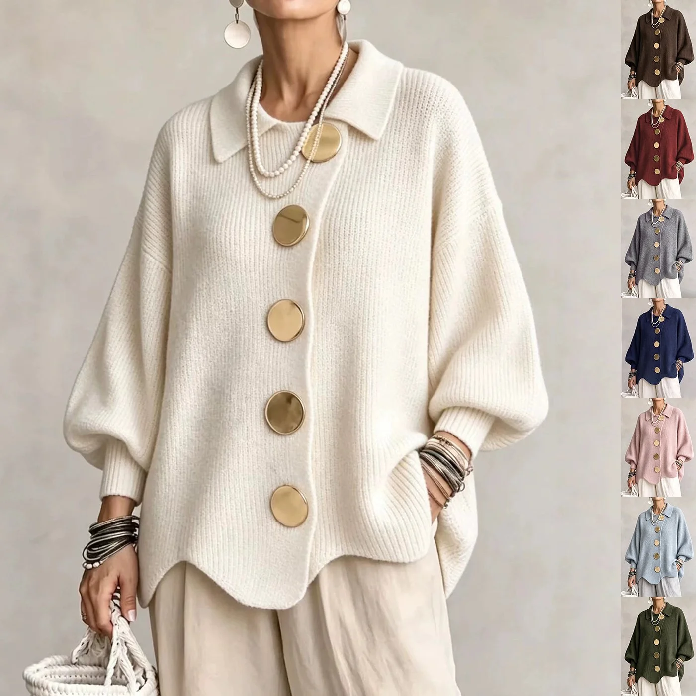 Solid color button-down cardigan with lapel, relaxed fit knitted polyester jacket for women