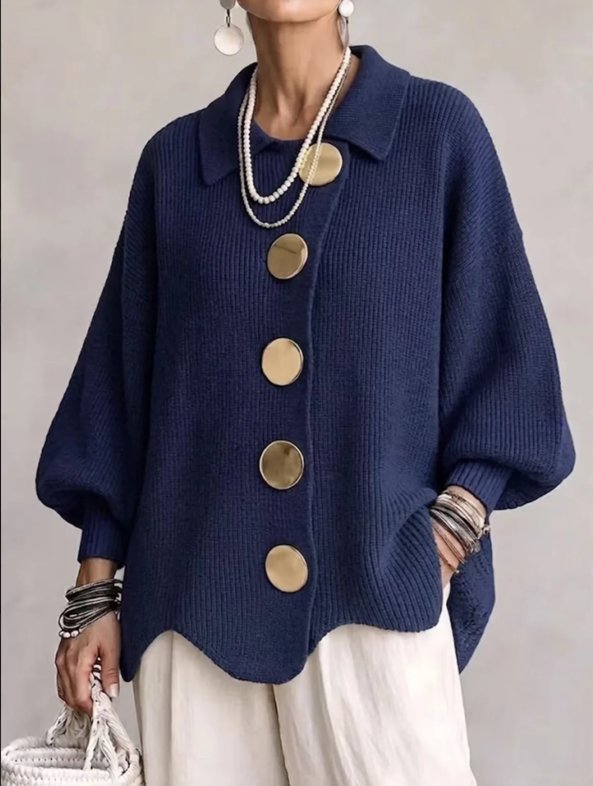 Solid color button-down cardigan with lapel, relaxed fit knitted polyester jacket for women