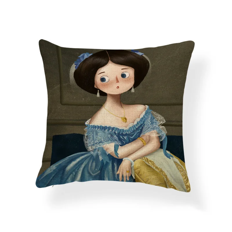 Cartoon Girl Printed Pillowcase Oil Painting Blended Cushion