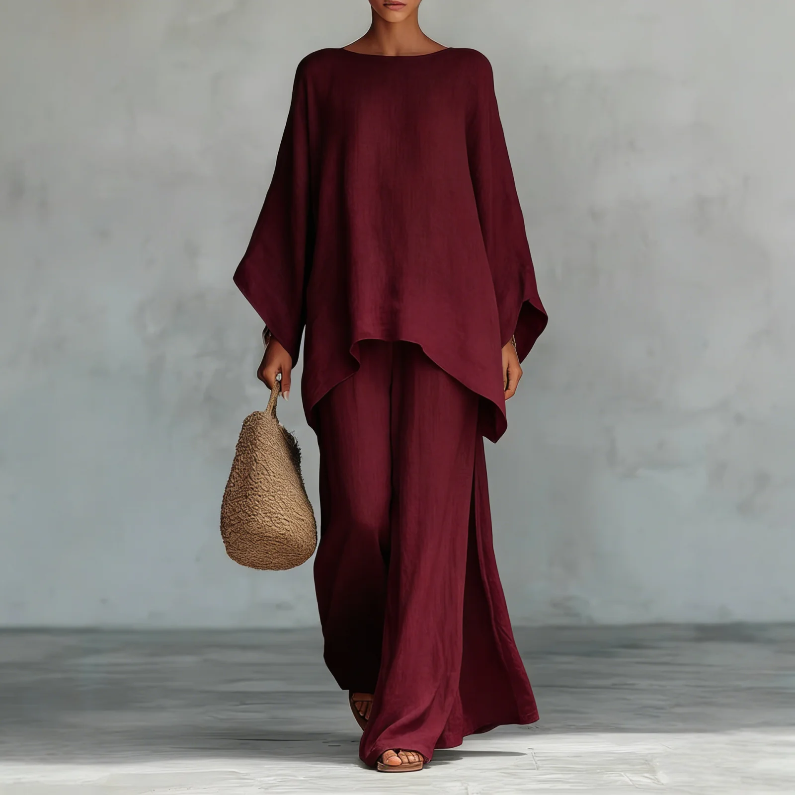 Casual 2-piece Set Loose Long-sleeved Wide-leg Trousers for Womens Minimalist Relaxed-fit Top and Wide-leg Pants Set for Daily Wear Work Vacation Outfits