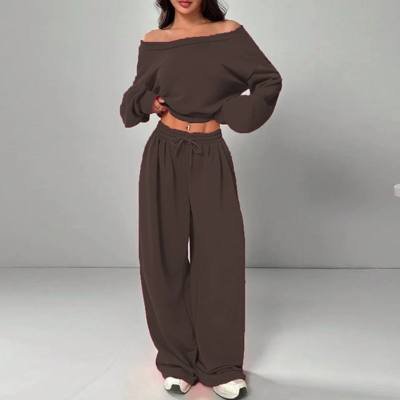 Casual 2-piece Set One-shoulder Long-sleeved Sweatshirt Women's Suit Autumn New Fashion Elastic Waist Tie Loose Sports Trousers