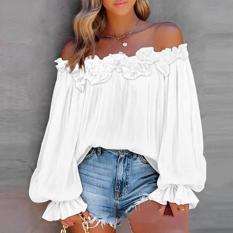 Casual Blouses Shoulder Off-shoulder Long Sleeve Top Lotus Leaf Sleeve Shirt Loose Women's Clothing
