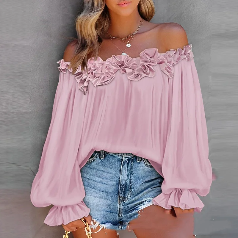 Casual Blouses Shoulder Off-shoulder Long Sleeve Top Lotus Leaf Sleeve Shirt Loose Women's Clothing