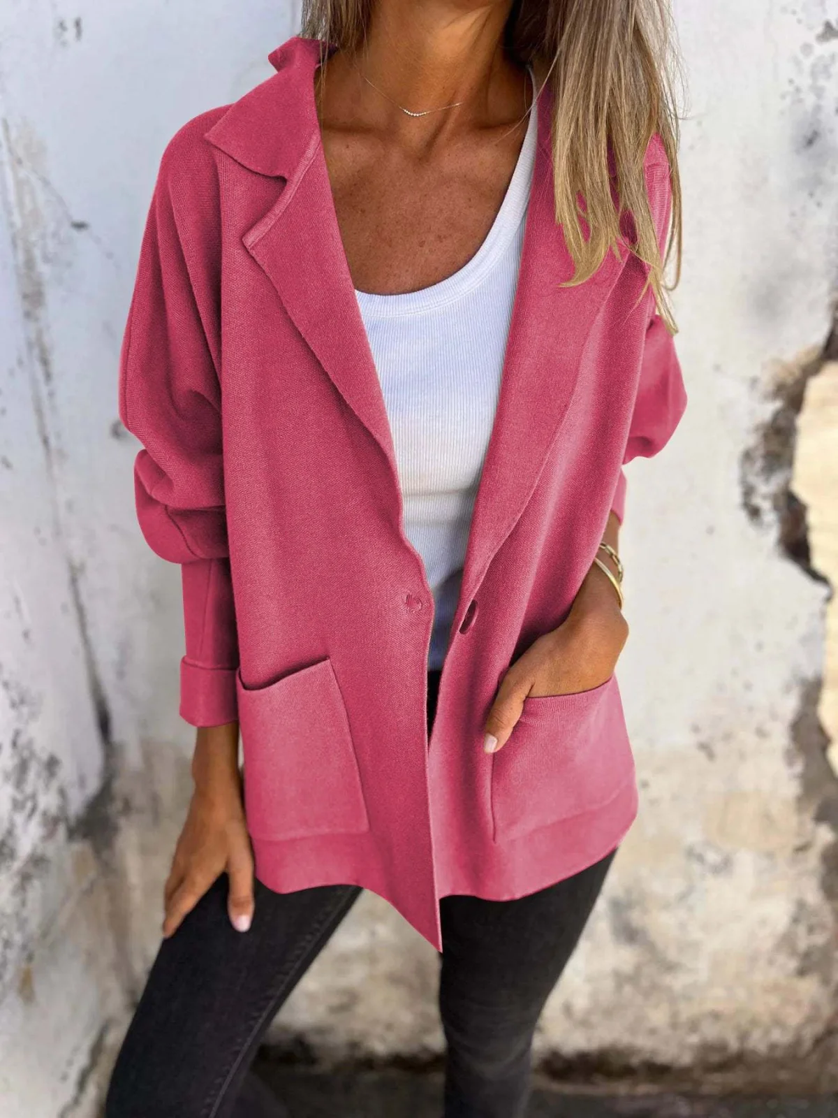 Casual Lapel Jacket with Pockets Fashion Versatile Long Sleeve Outwear Tops Coat for Womens Clothing