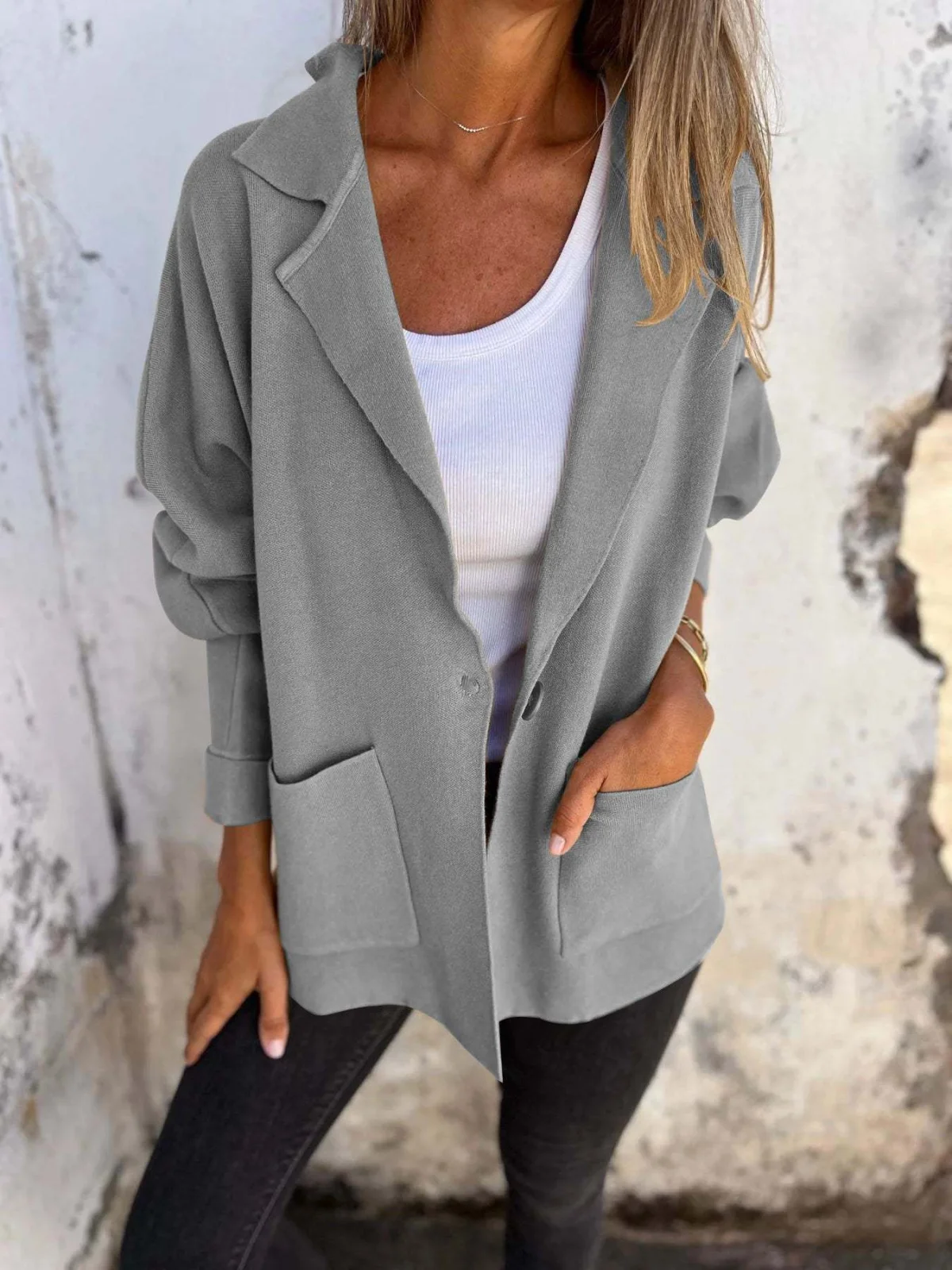 Casual Lapel Jacket with Pockets Fashion Versatile Long Sleeve Outwear Tops Coat for Womens Clothing