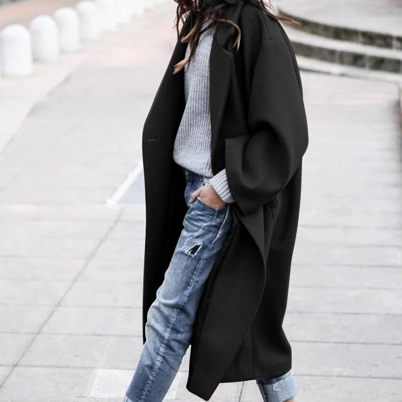 Casual Long Jacket with Pockets Solid Color Single Breasted Lapel Woolen Coat for Women Warm Winter Clothing
