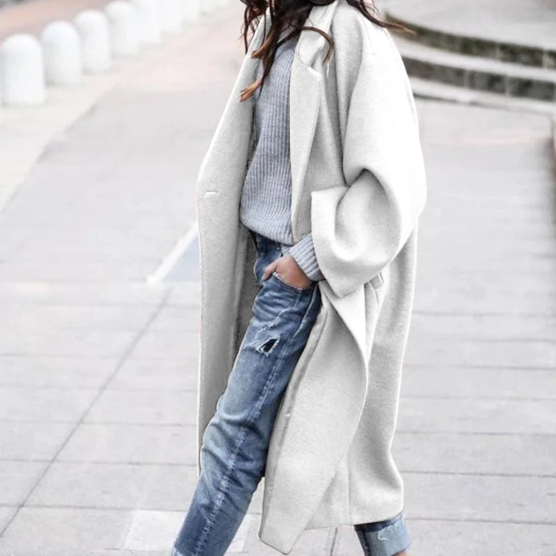 Casual Long Jacket with Pockets Solid Color Single Breasted Lapel Woolen Coat for Women Warm Winter Clothing