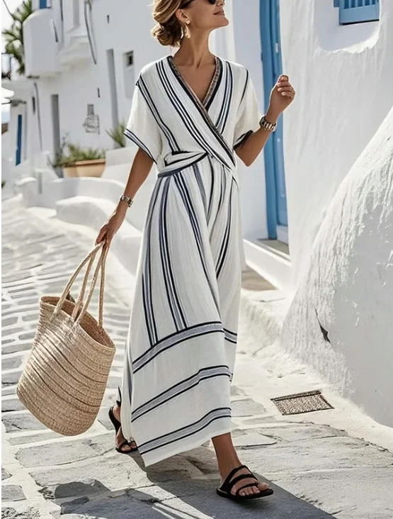 Casual Loose Retro Striped Print Holiday Dress Summer Short Sleeve V Neck Robes Dress Boho Beach Pleated A-line Long Dress Woman