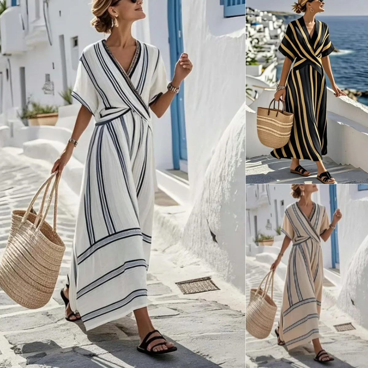 Casual Loose Retro Striped Print Holiday Dress Summer Short Sleeve V Neck Robes Dress Boho Beach Pleated A-line Long Dress Woman