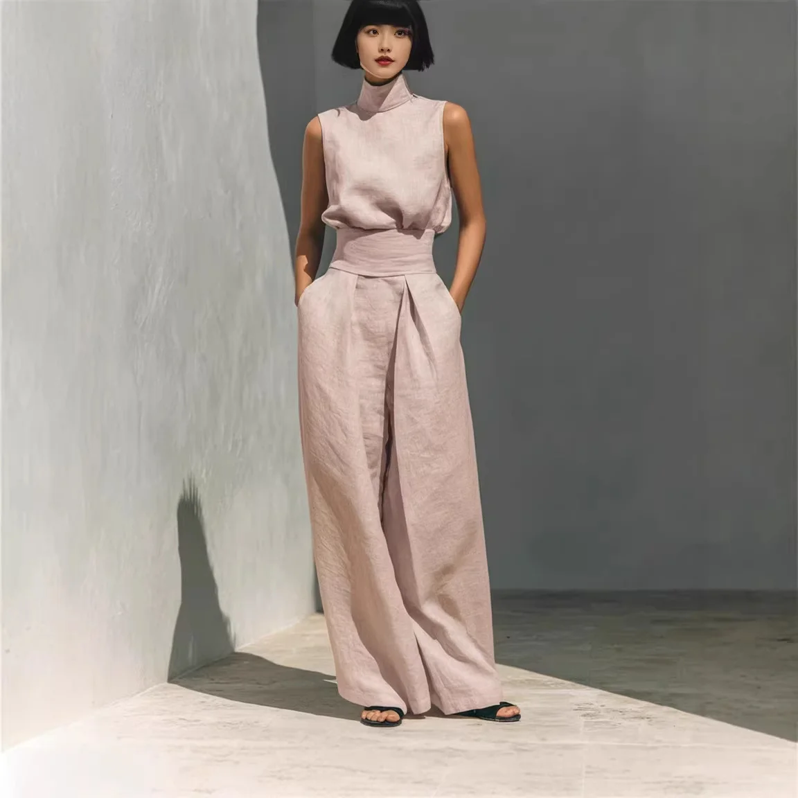 Casual Sleeveless Suit Summer Stand-up Collar Pullover Top and Loose Straight-leg Trousers Women's Clothing