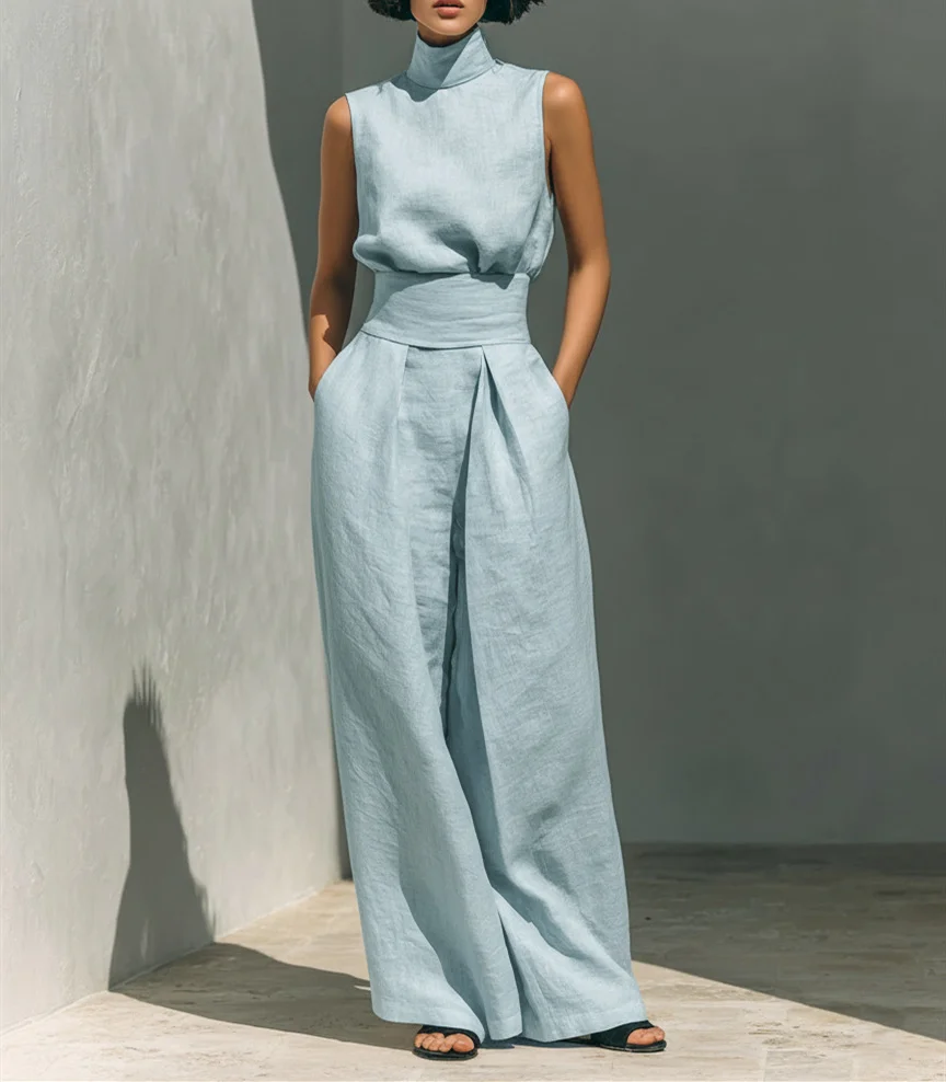 Casual Sleeveless Suit Summer Stand-up Collar Pullover Top and Loose Straight-leg Trousers Women's Clothing