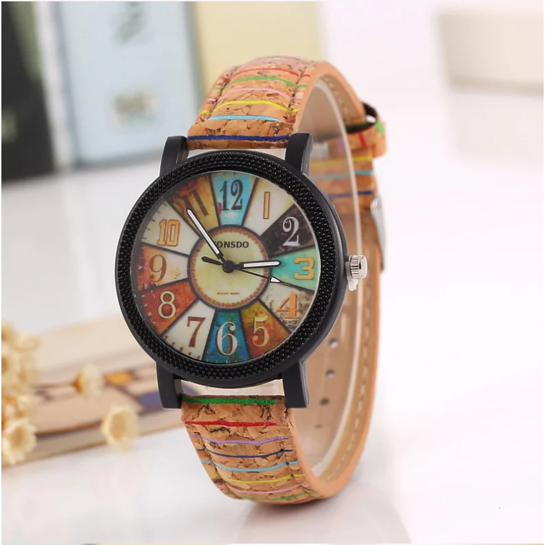 Casual vintage leather quartz wrist watch for women – round dial, stainless steel buckle