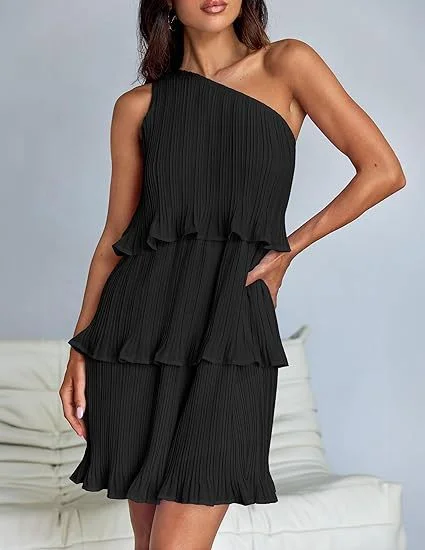 Casual Women's One Off-shoulder Layered Stitching Hem Dress Simple Solid Color Dress Summer Street High Waist Comfortable Dresses