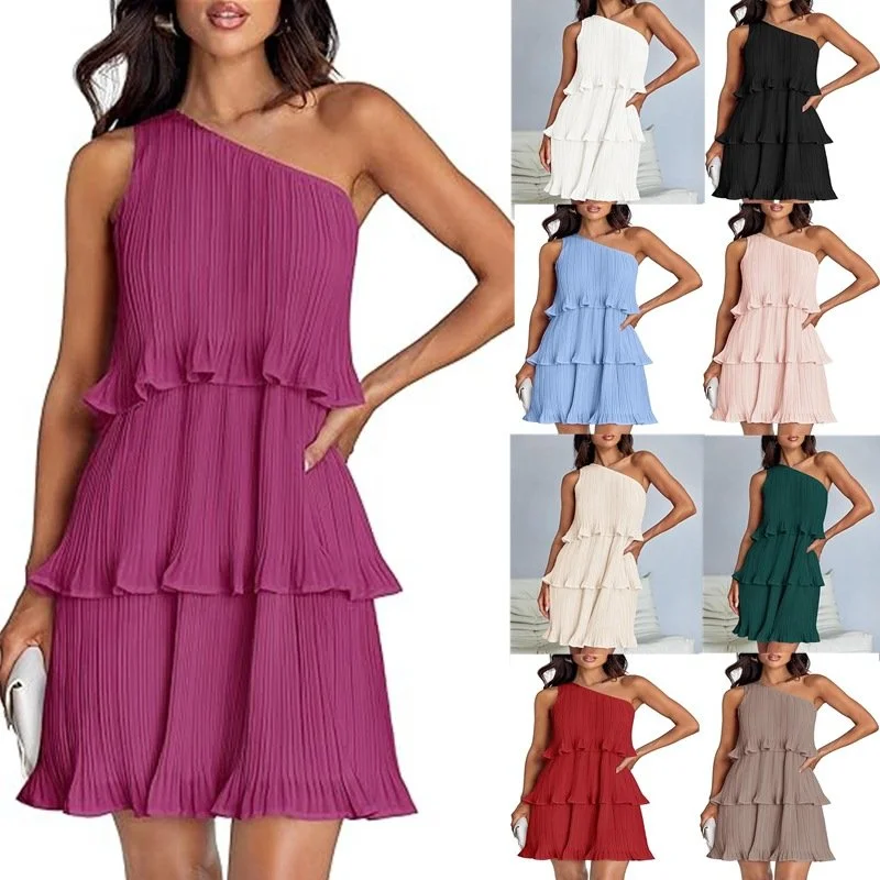 Casual Women's One Off-shoulder Layered Stitching Hem Dress Simple Solid Color Dress Summer Street High Waist Comfortable Dresses