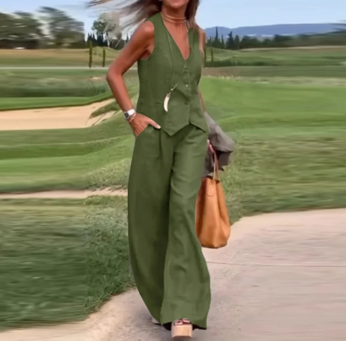 Casual Women's Solid Color Fashion Sets of Vest Trousers Suit