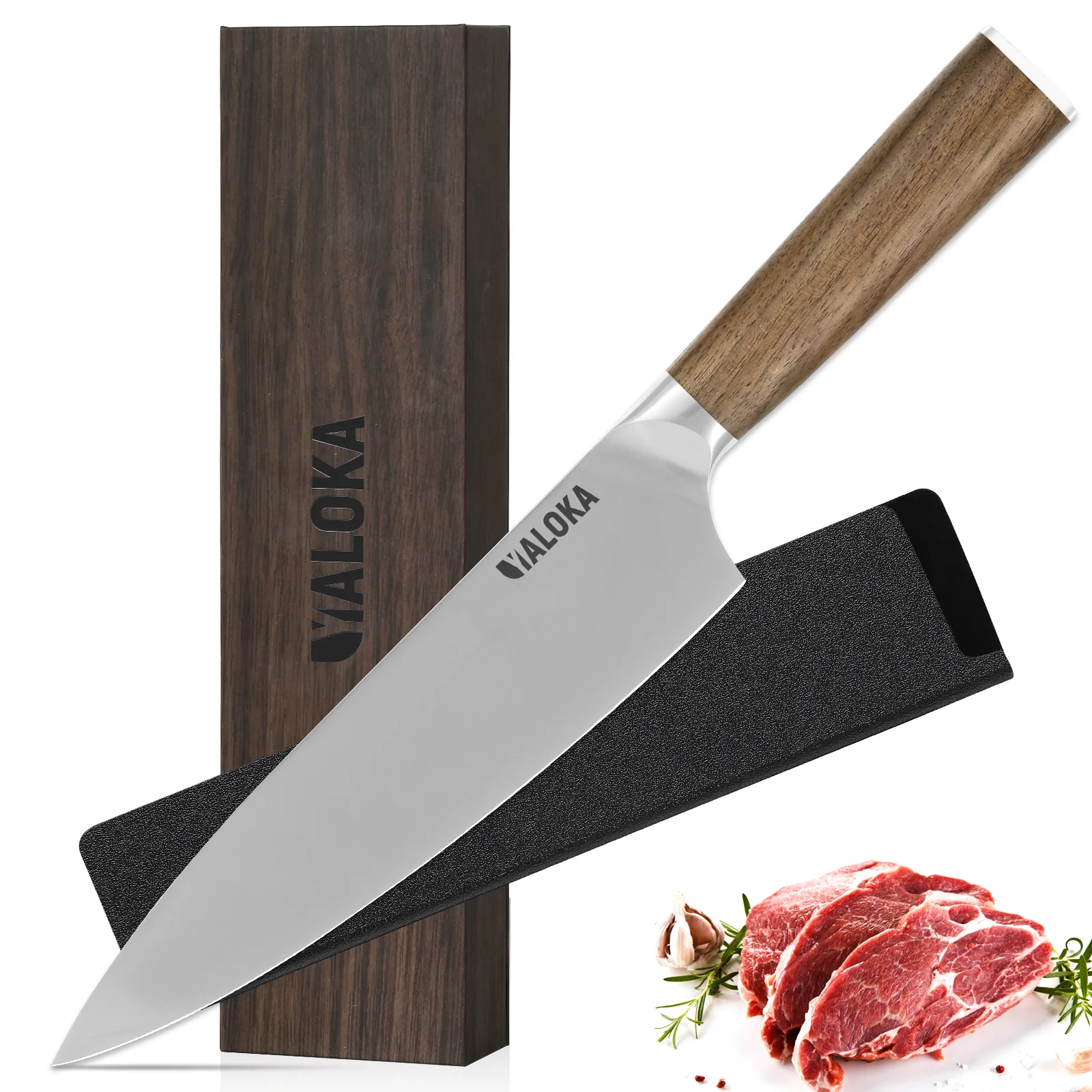 Chef Knife - 8-inch Professional Japanese Kitchen Knife, Ultra Sharp Gyuto Knife Full Tang Ergonomic Natural Wood Handle, Cooking Knife with Gift Box