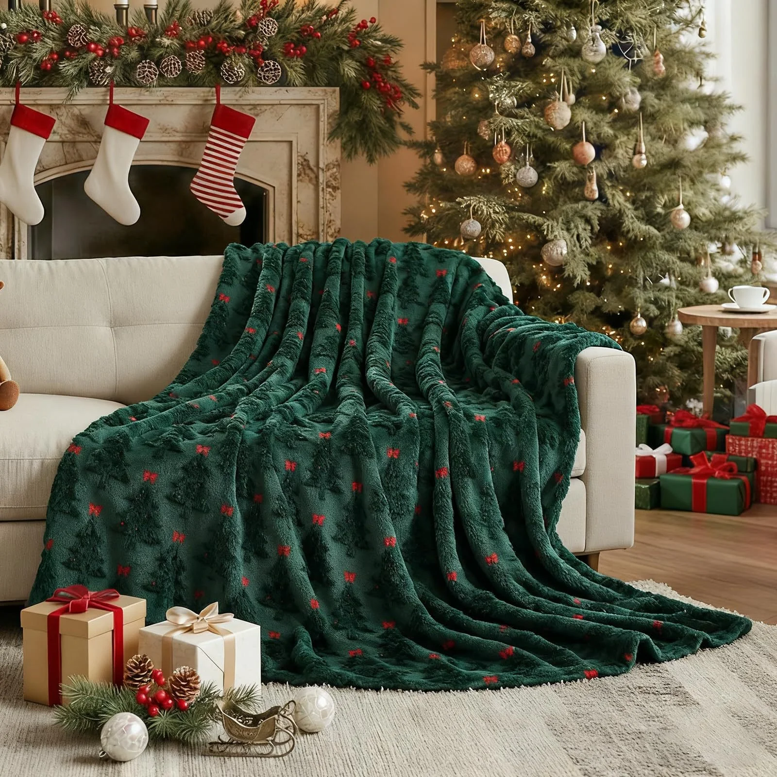 3D Embroidered Christmas Plush Blanket with Festive Holiday Pattern