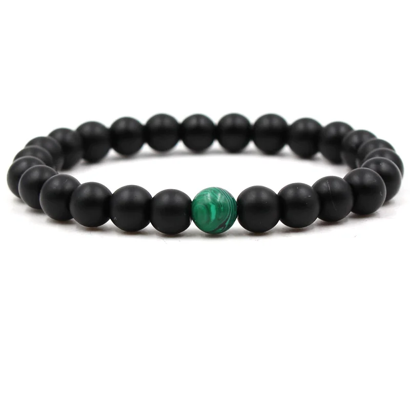 Malachite strand bracelet, round 8 cm beads, unisex matte black style