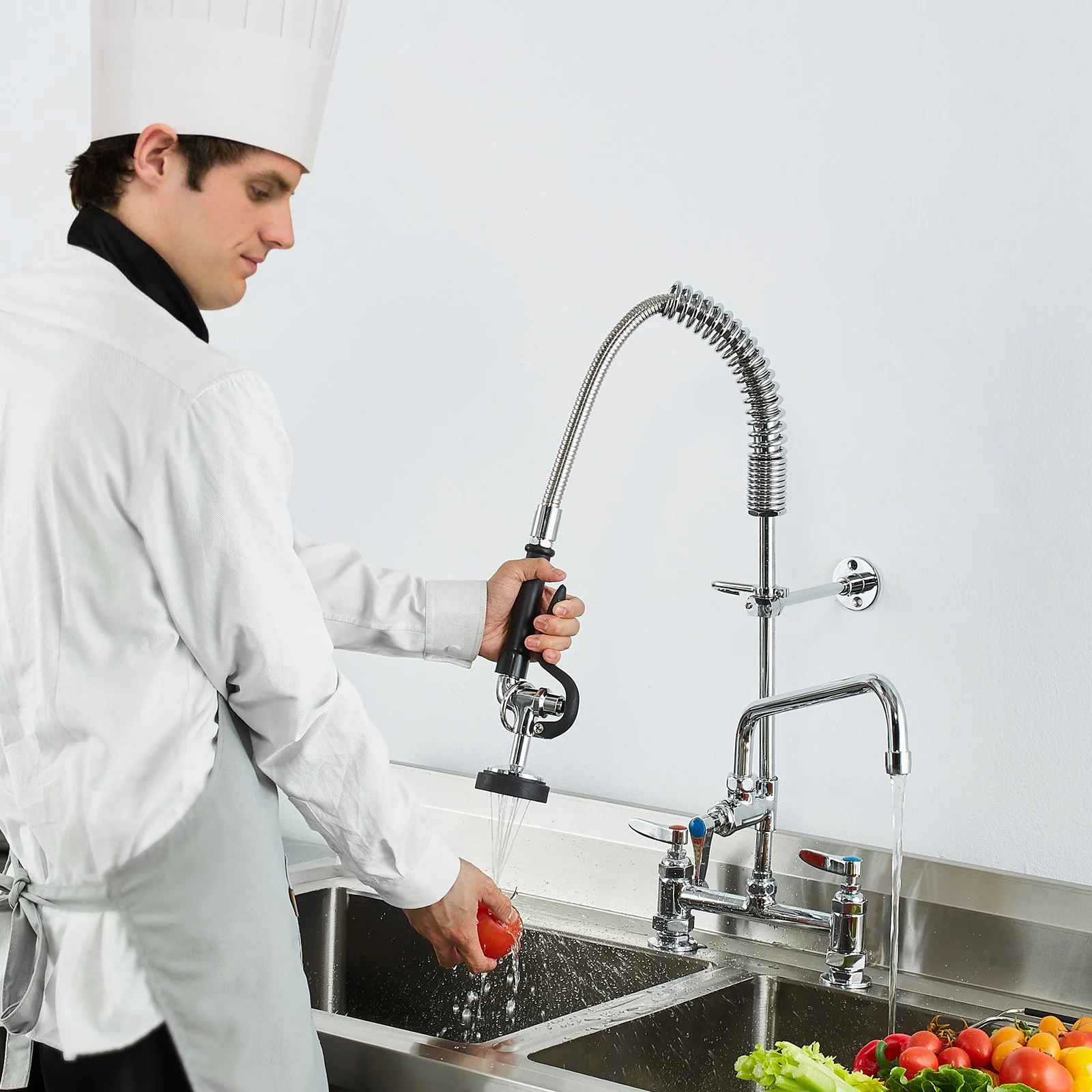 Commercial Faucet with Pre-rinse Sprayer, 26' Height, 8' Center, 12' Swing Spout, Deck Mount Kitchen Sink Faucet, Brass Constructed Device with Pull Down Spray, for 1 2 3 Compartment Sink