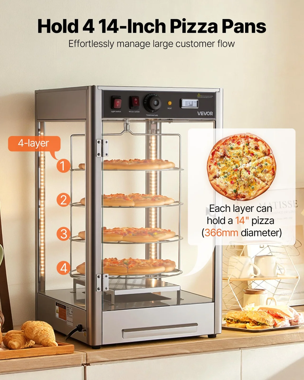 4‑Tier Pizza Warmer with Rotary Steam Heating, 86‑185°F Control, 25W LED Light