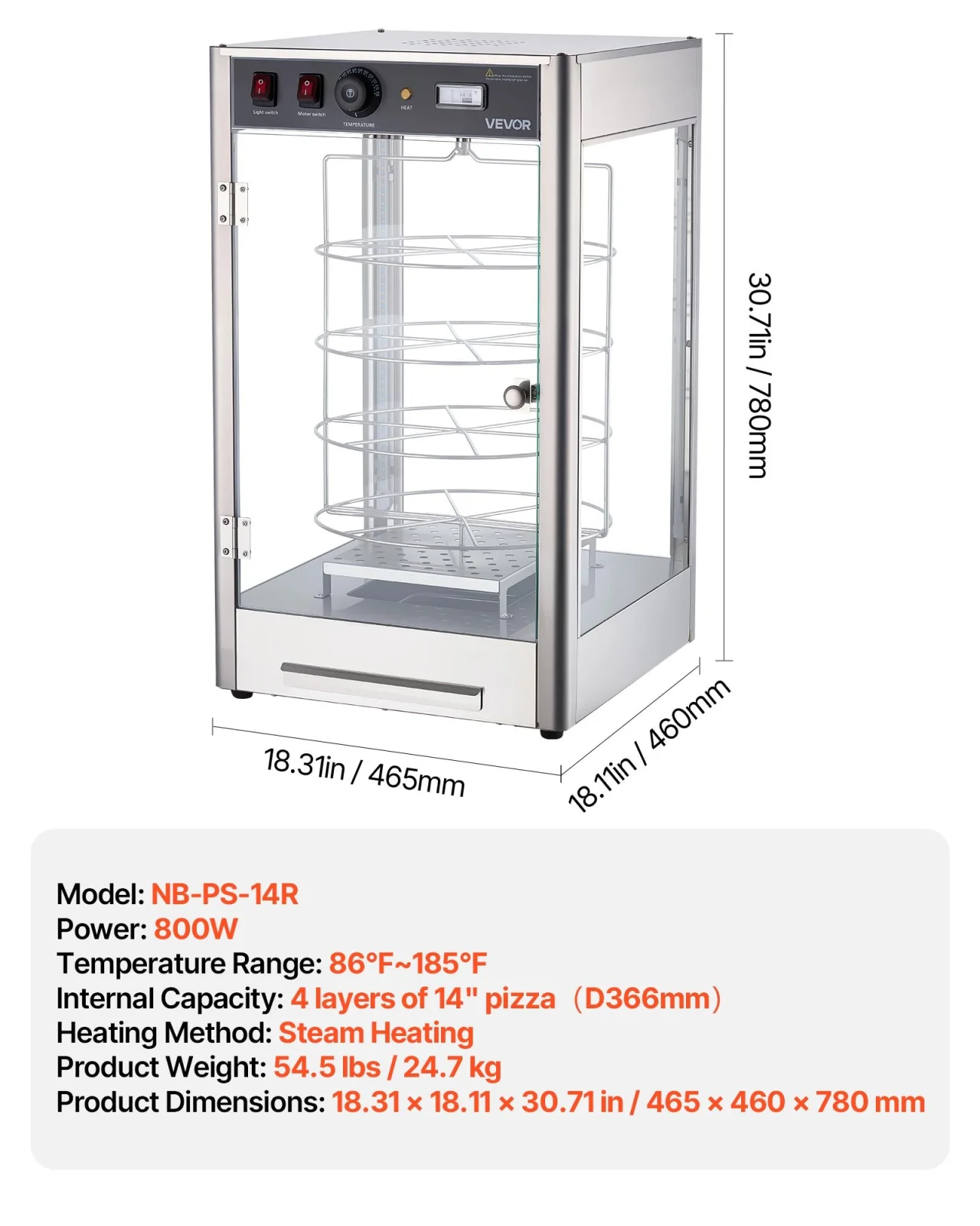 4‑Tier Pizza Warmer with Rotary Steam Heating, 86‑185°F Control, 25W LED Light