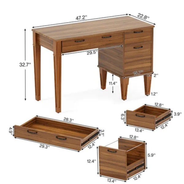 Brown Wood Grain Computer Desk with Drawers and File Cabinet