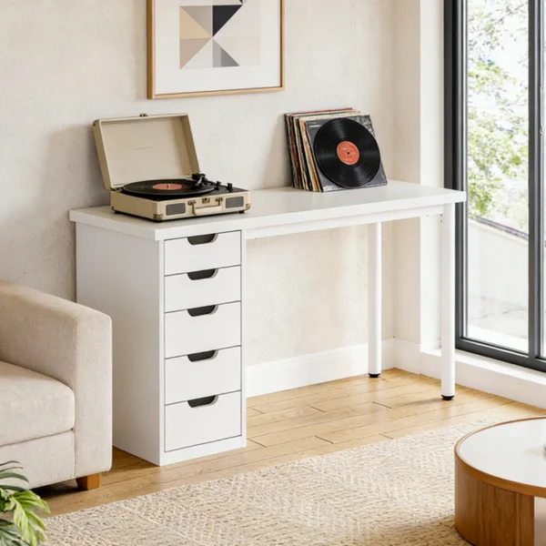 Brown computer desk with white metal legs and five white drawers