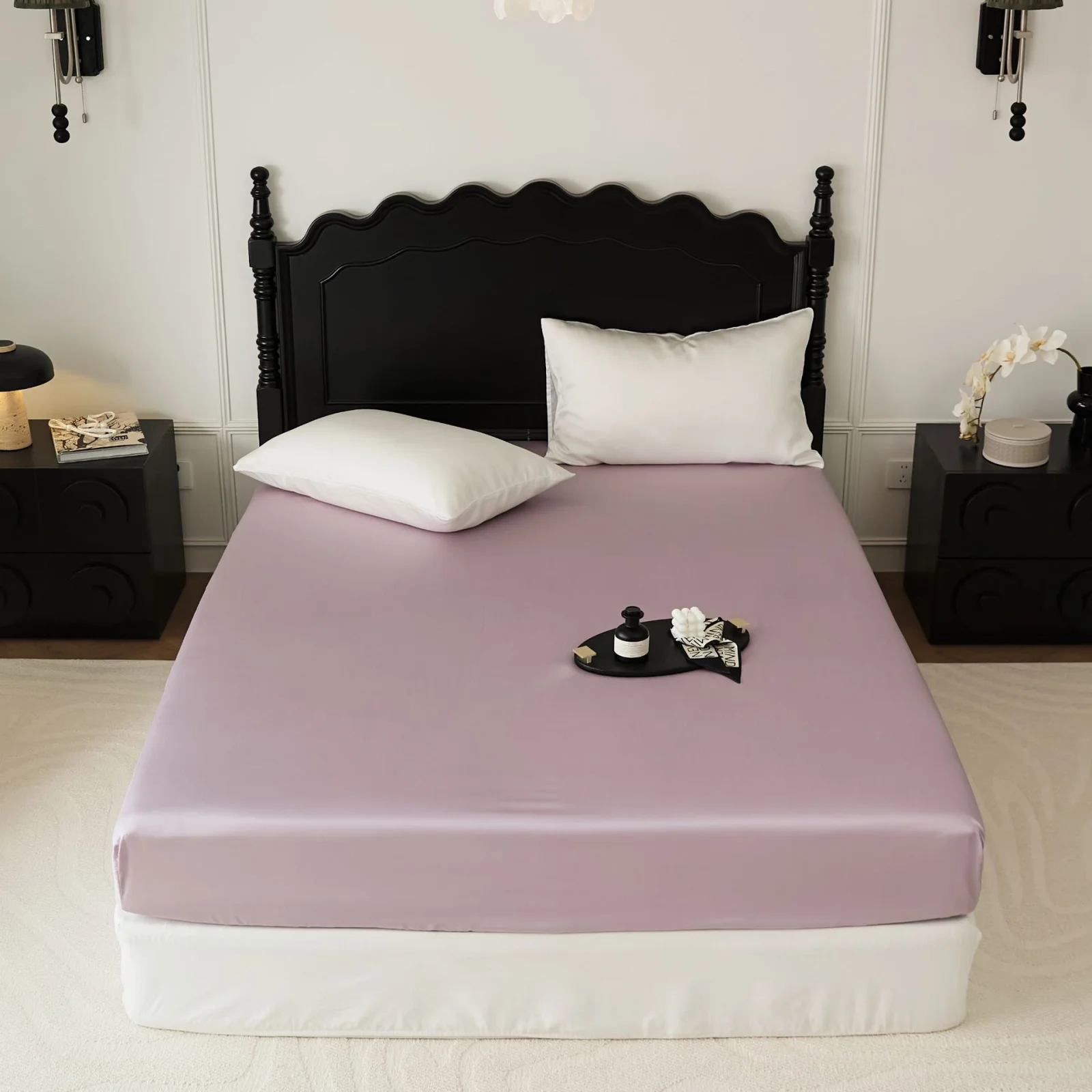 Purple Lyocell Satin-Weave Pillowcase and Single Fitted Sheet Set – Light Luxury Solid Color Bedding